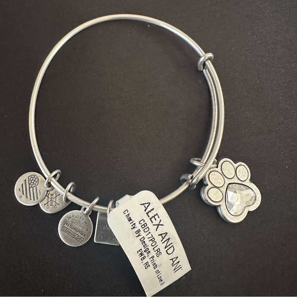 Alex and Ani Paw Print Crystal Charm Expandable Bangle Bracelet Silver Tone, NWT